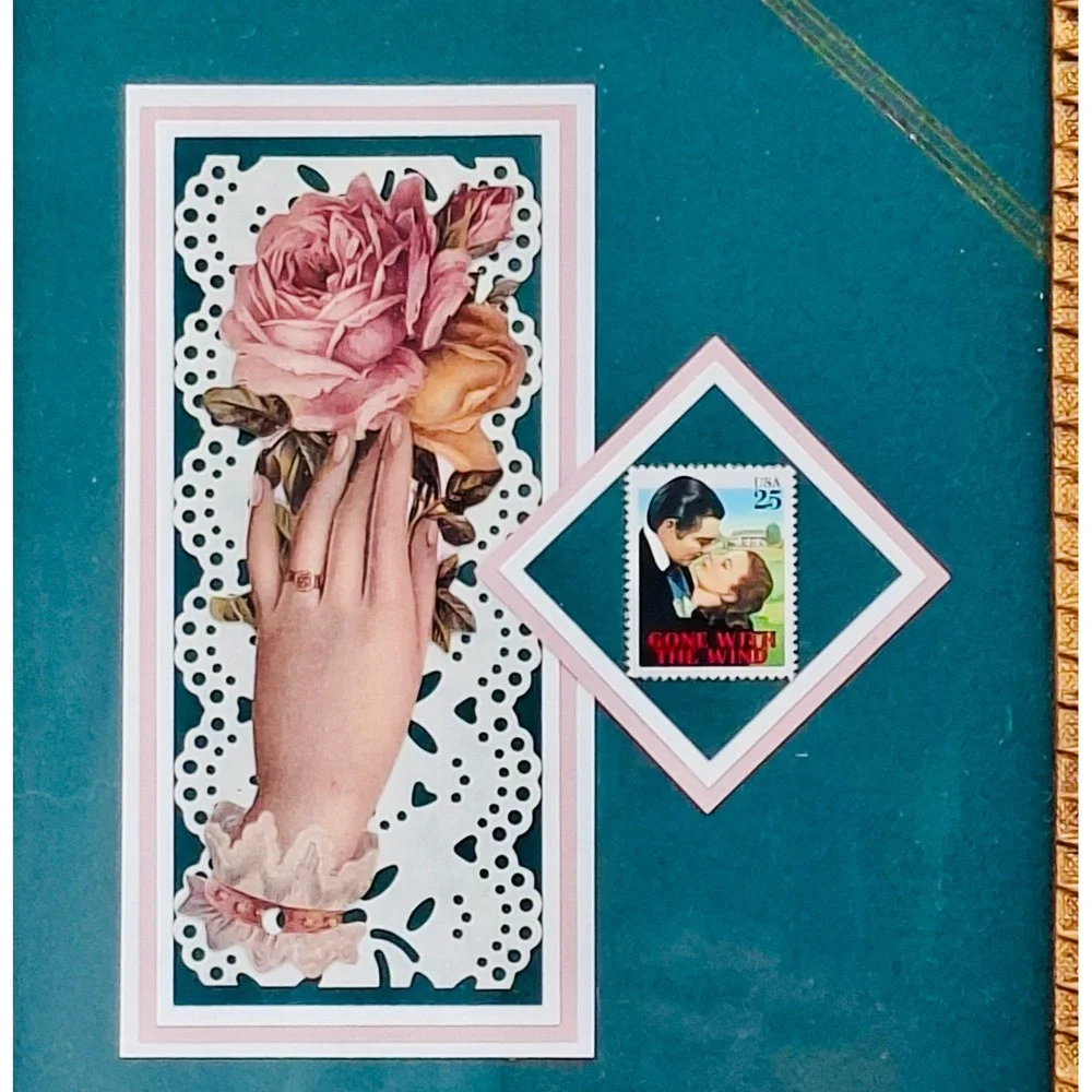Vintage Gone With the Wind 25c Stamp Framed Rose Art Ornate Gold Frame 15x13